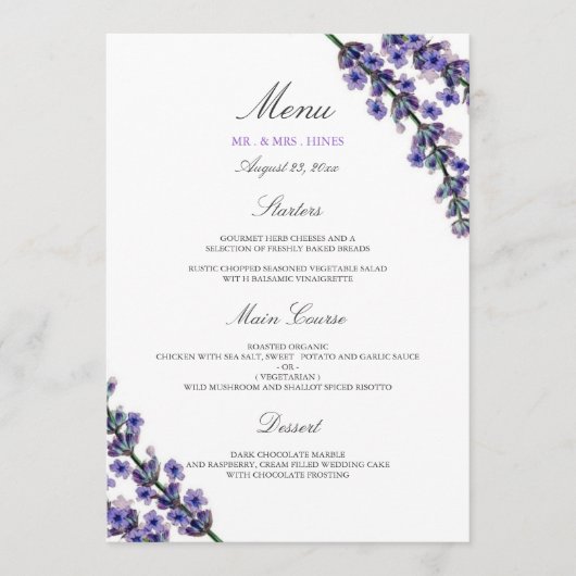 Elegantes Lavender Wedding Dinner Menü Menükarte (Vorderseite)