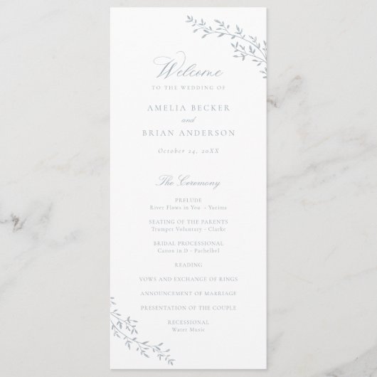 Elegantes Leaf Branch Dusty Blue Wedding Programm (Vorderseite)
