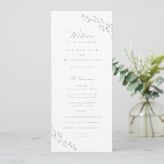 Elegantes Leaf Branch Dusty Blue Wedding Programm (Stehend Vorderseite)