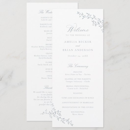 Elegantes Leaf Branch Dusty Blue Wedding Programm (Vorne/Hinten)