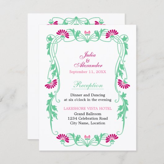 Elegantes Leaf Florals und Wirbel Empfang Cards Einladung (Vorne/Hinten)