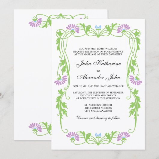 Elegantes Leaf Florals und Wirbel Hochzeitsfeier Einladung (Vorne/Hinten)