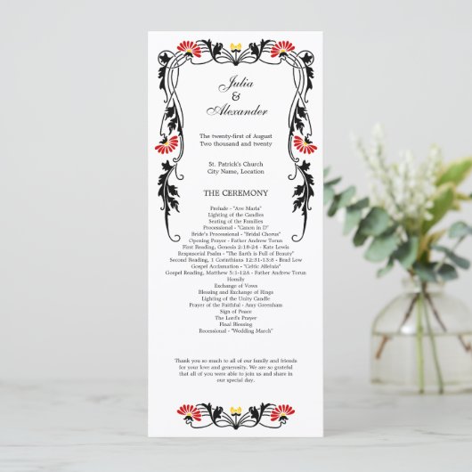 Elegantes Leaf Florals und Wirbel Hochzeitsprogram Programm (Stehend Vorderseite)