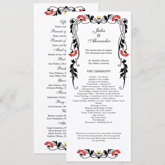 Elegantes Leaf Florals und Wirbel Hochzeitsprogram Programm (Vorne/Hinten)