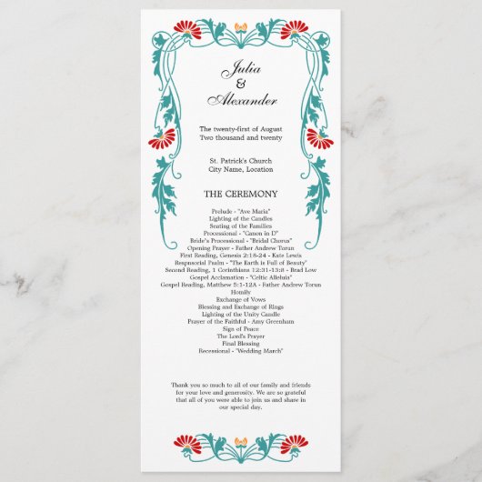 Elegantes Leaf Florals und Wirbel Hochzeitsprogram Programm (Vorderseite)