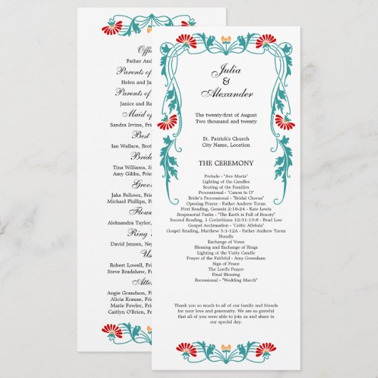 Elegantes Leaf Florals und Wirbel Hochzeitsprogram Programm (Vorne/Hinten)