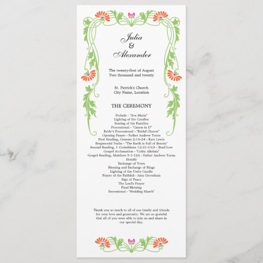 Elegantes Leaf Florals und Wirbel Hochzeitsprogram Programm (Vorderseite)