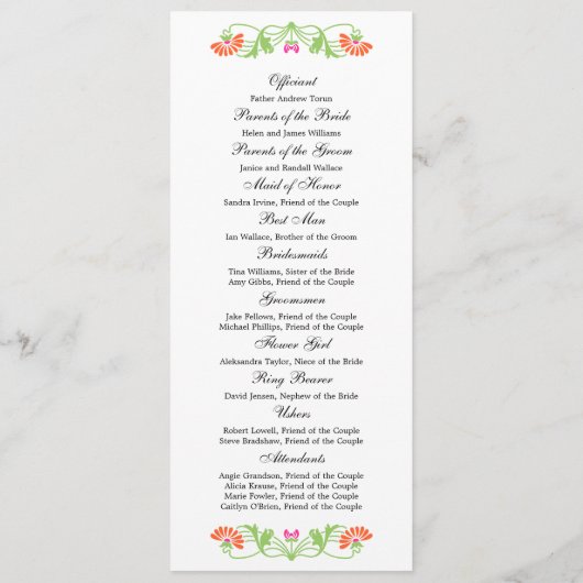 Elegantes Leaf Florals und Wirbel Hochzeitsprogram Programm (Rückseite)