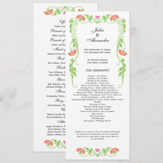Elegantes Leaf Florals und Wirbel Hochzeitsprogram Programm (Vorne/Hinten)