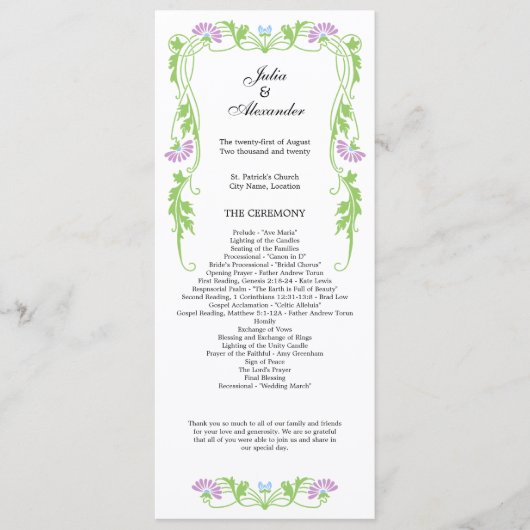 Elegantes Leaf Florals und Wirbel Hochzeitsprogram Programm (Vorderseite)