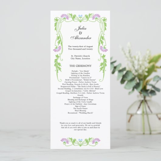 Elegantes Leaf Florals und Wirbel Hochzeitsprogram Programm (Stehend Vorderseite)
