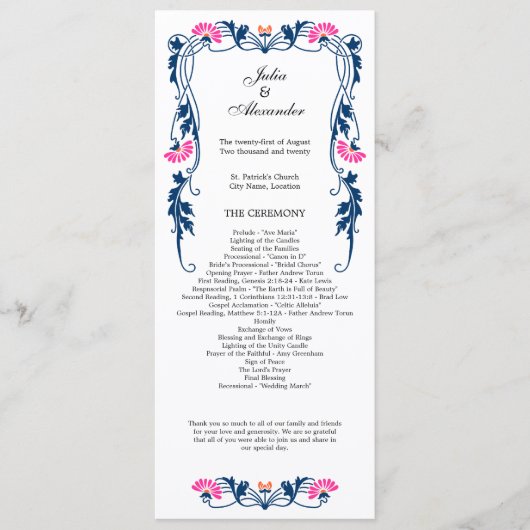 Elegantes Leaf Florals und Wirbel Hochzeitsprogram Programm (Vorderseite)