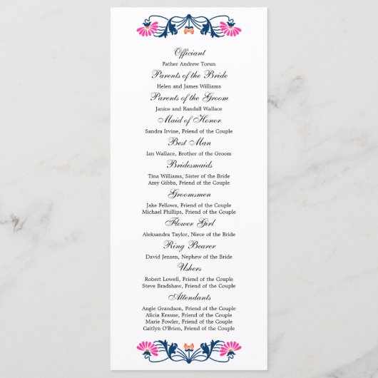 Elegantes Leaf Florals und Wirbel Hochzeitsprogram Programm (Rückseite)