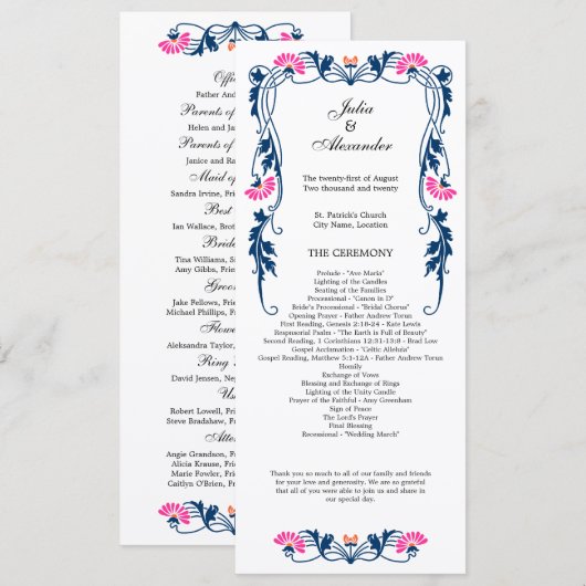 Elegantes Leaf Florals und Wirbel Hochzeitsprogram Programm (Vorne/Hinten)