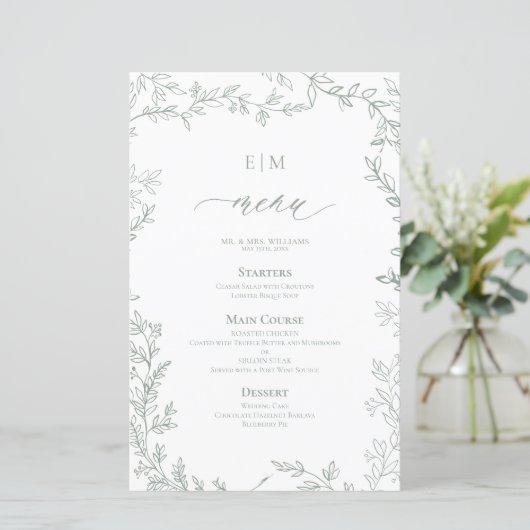 Elegantes Leaf Sage Green Monogram Wedding Menu (Stehend Vorderseite)