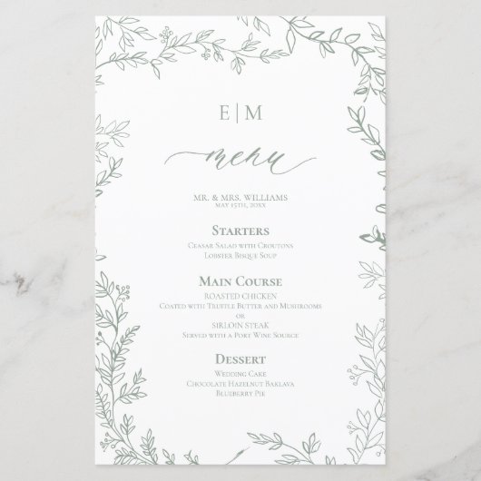 Elegantes Leaf Sage Green Monogram Wedding Menu (Vorderseite)