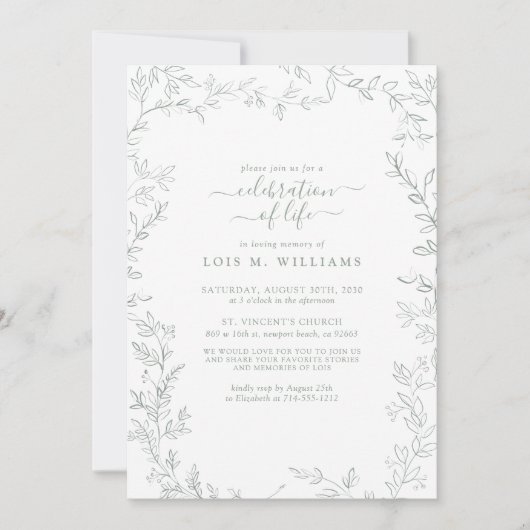 Elegantes Leaf Sage Grüne Feier des Lebens Einladung (Vorderseite)