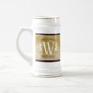 Elegantes Lederblatt und Vintage-Papier-Nachname-M Bierglas