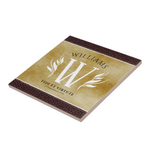 Elegantes Lederblatt & Vintage-Papier-Familienname Fliese
