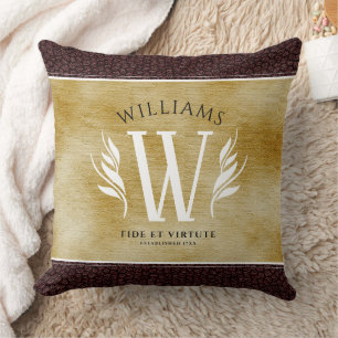 Elegantes Lederblatt & Vintage-Papier-Familienname Kissen