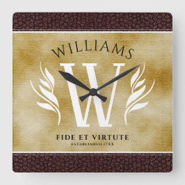 Elegantes Lederleder und Vintages Namensmotto Quadratische Wanduhr