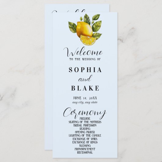 Elegantes Lemon & Greenery Blue Wedding Programm (Vorne/Hinten)