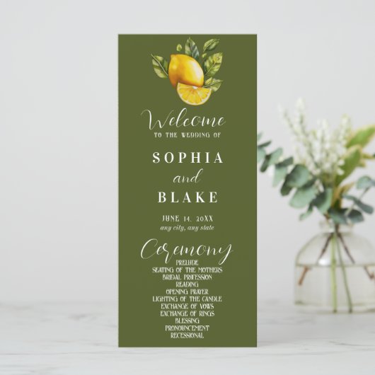 Elegantes Lemon & Greenery Green Wedding Programm (Stehend Vorderseite)
