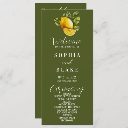 Elegantes Lemon & Greenery Green Wedding Programm (Vorne/Hinten)
