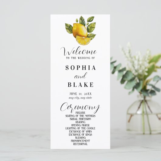 Elegantes Lemon & Greenery White Wedding Programm (Stehend Vorderseite)