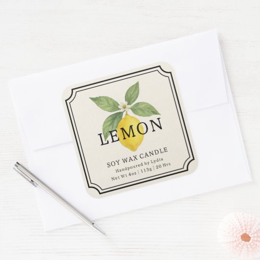 Elegantes Lemon Soy Wax Candle Business Label Quadratischer Aufkleber (Umschlag)