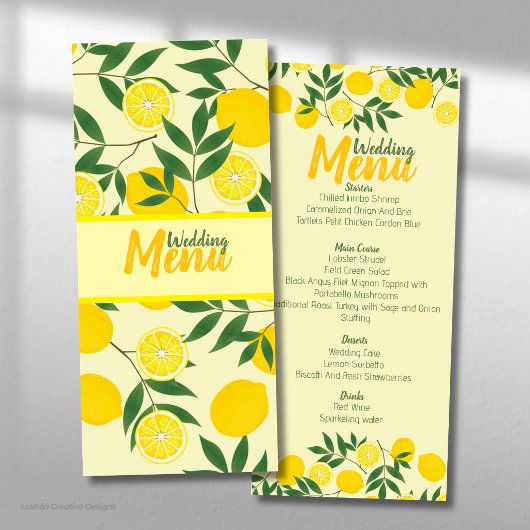 Elegantes Lemon Wedding Flat Menu Menükarte
