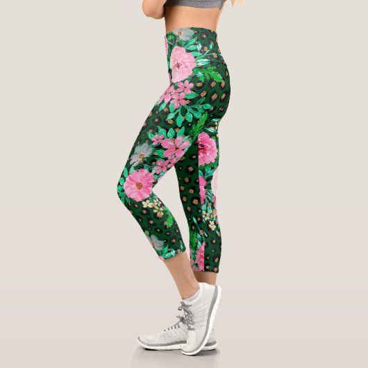 Elegantes Leopard Print Pink Blumengrün Design Capri Leggings (Links)
