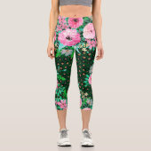 Elegantes Leopard Print Pink Blumengrün Design Capri Leggings (Vorderseite)