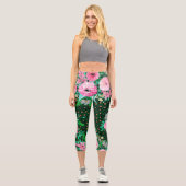 Elegantes Leopard Print Pink Blumengrün Design Capri Leggings (Vorderseite)
