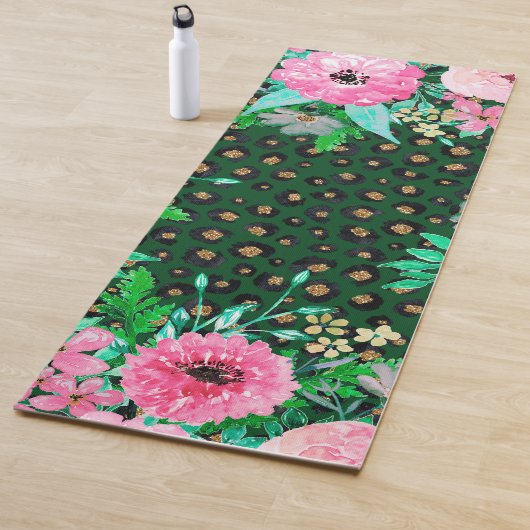 Elegantes Leopard Print Pink Blumengrün Design Yogamatte (Beispiel)