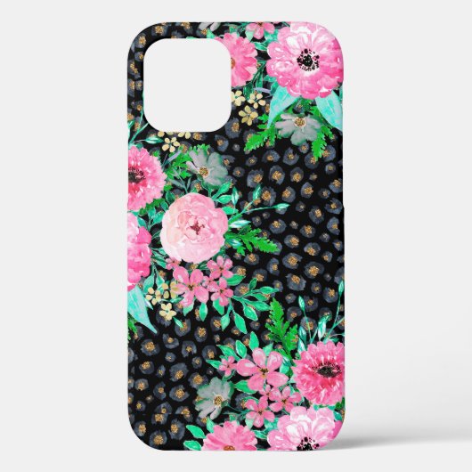 Elegantes Leopard Print & Pink Floral Black Design Case-Mate iPhone Hülle (Rückseite)