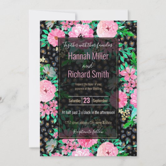 Elegantes Leopard Print & Pink Floral Black Design Einladung (Vorderseite)