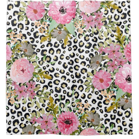 Elegantes Leopard Print und Blumendesign Duschvorhang (Vorderseite)