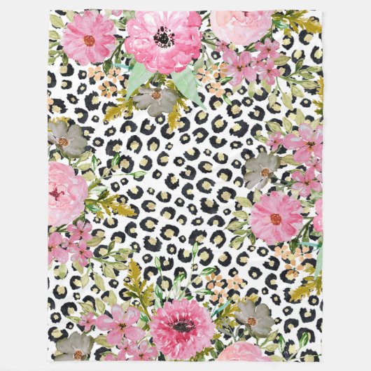 Elegantes Leopard Print und Blumendesign Fleecedecke (Vorderseite)