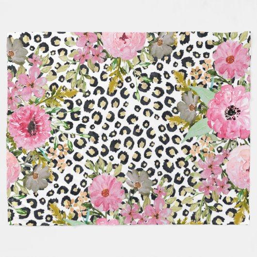 Elegantes Leopard Print und Blumendesign Fleecedecke (Vorderseite (Horizontal))