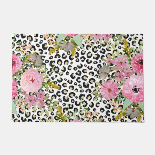 Elegantes Leopard Print und Blumendesign Fußmatte (Vorderseite)