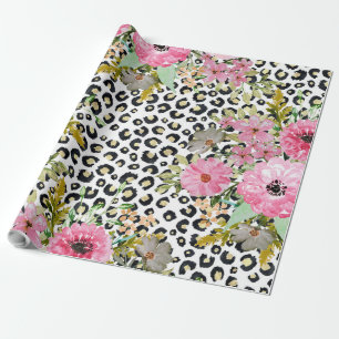Elegantes Leopard Print und Blumendesign Geschenkpapier
