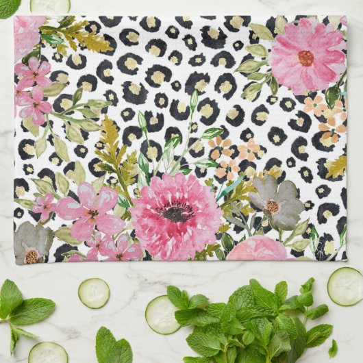 Elegantes Leopard Print und Blumendesign Geschirrtuch (Gefaltet)