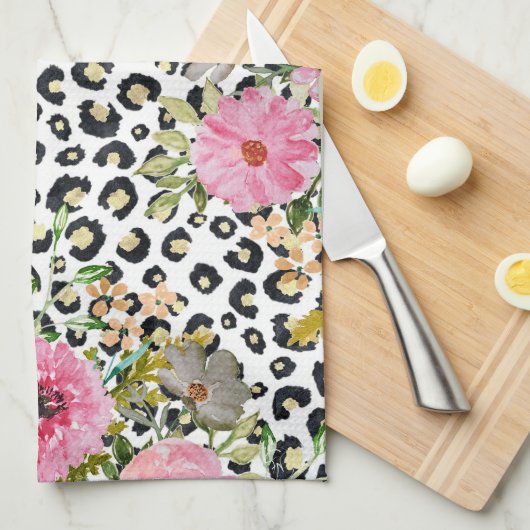 Elegantes Leopard Print und Blumendesign Geschirrtuch (Viertel Falte)