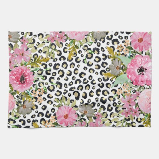Elegantes Leopard Print und Blumendesign Geschirrtuch (Horizontal)
