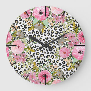 Elegantes Leopard Print und Blumendesign Große Wanduhr