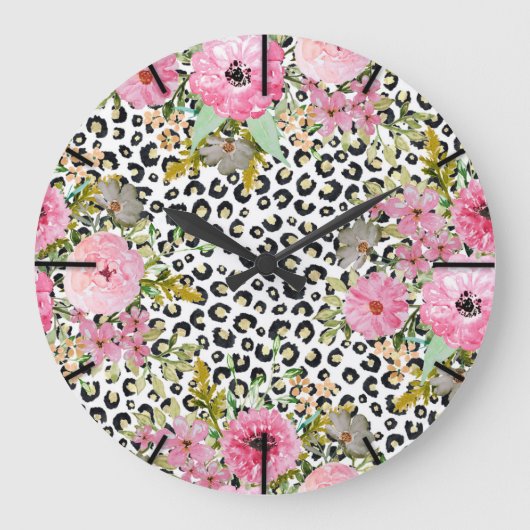 Elegantes Leopard Print und Blumendesign Große Wanduhr (Vorderseite)