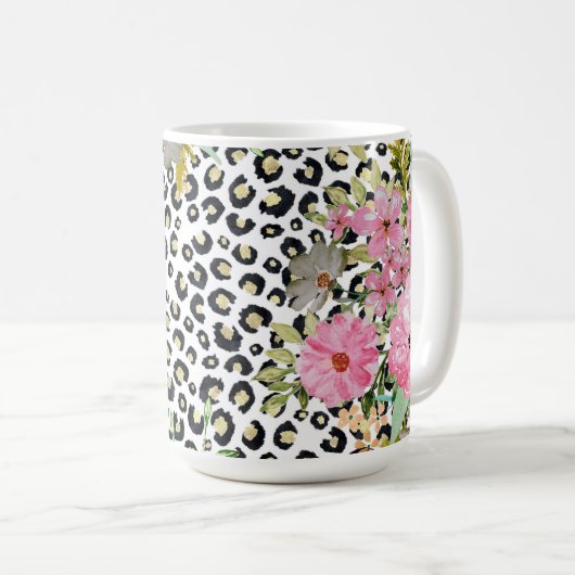 Elegantes Leopard Print und Blumendesign Kaffeetasse (VorderseiteRechts)