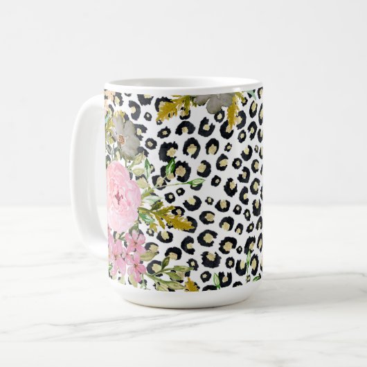 Elegantes Leopard Print und Blumendesign Kaffeetasse (Vorderseite Links)