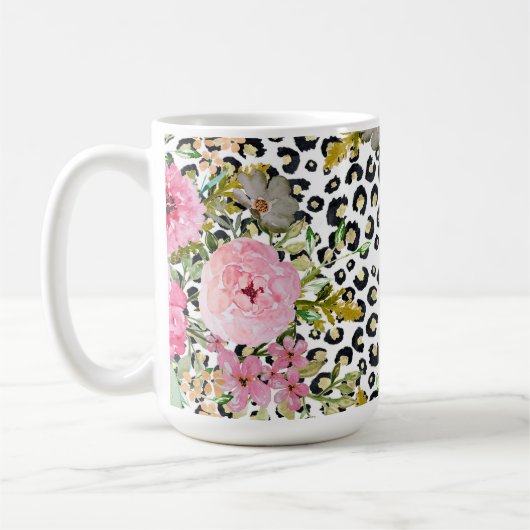 Elegantes Leopard Print und Blumendesign Kaffeetasse (Links)